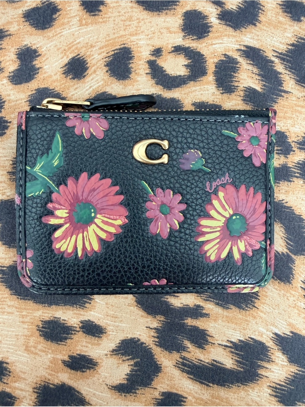 Coach Black Floral Leather Zip Card Case with Pink and Yellow Flowers